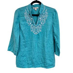 JM Collection Turquoise Embroidered Linen Tunic Top 3/4 Sleeves V-Neck Size 8